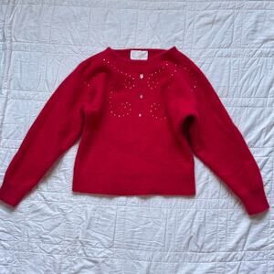 y2k Embellished wool sweater sz M red rhinestones cropped romantic fuzzy soft